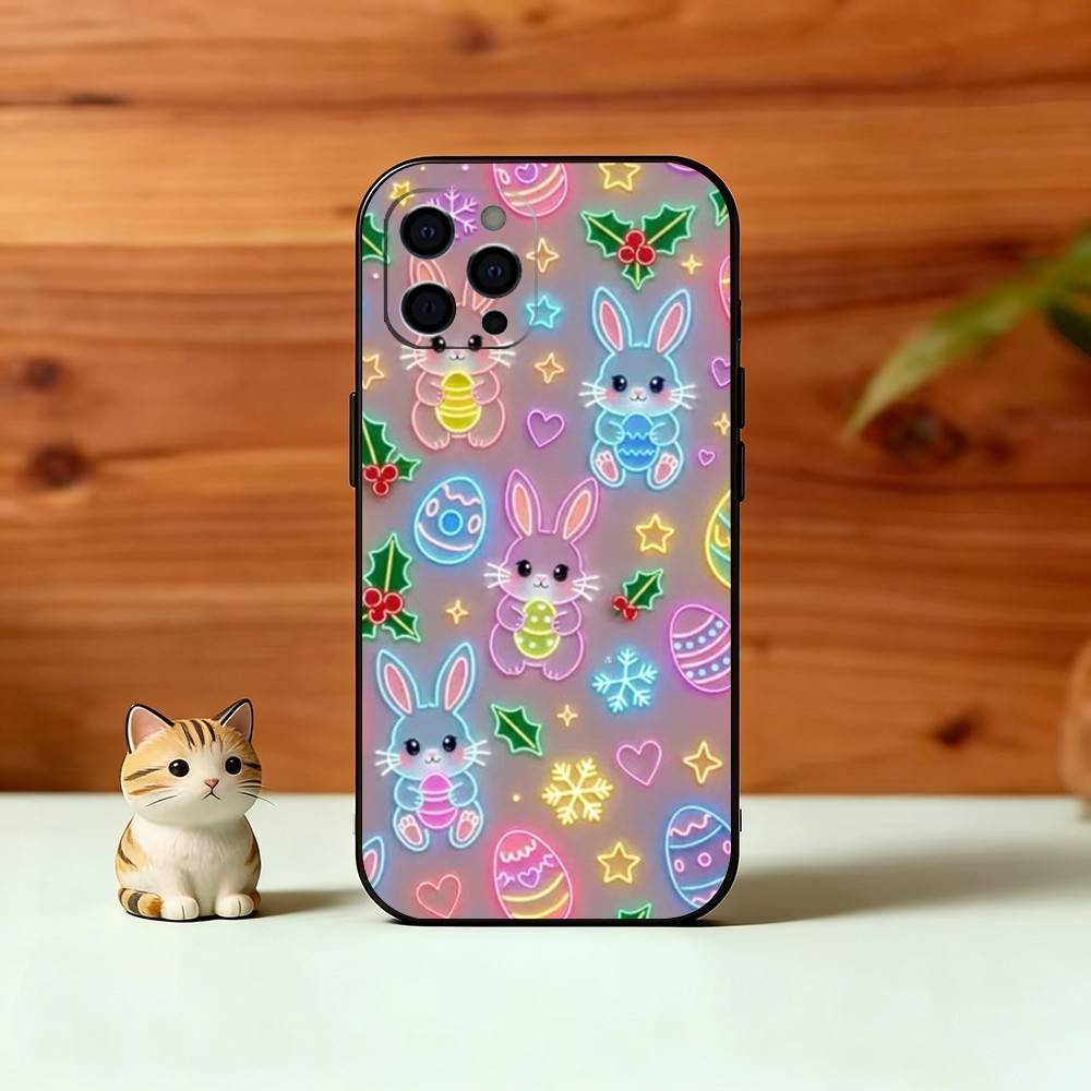 Easter Pattern Phone Case For iPhone 17,16,15,14,13,12,11 Plus,Pro Max,XS,Soft Silicone Black Cover
