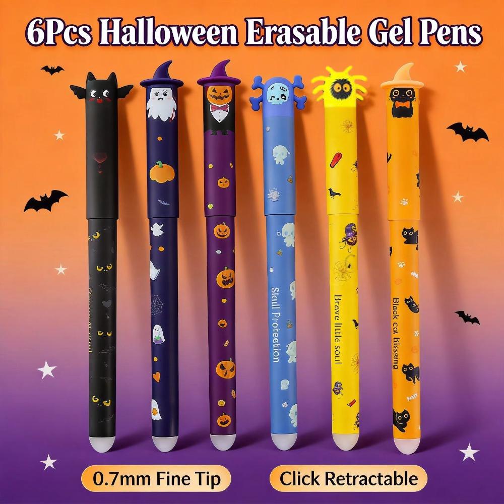 1-6Pcs Halloween Erasable Gel Pens, 0.7mm Click Retractable Pen Set, Cute Ghost Pumpkin Bat, Student School Office Writing Gift