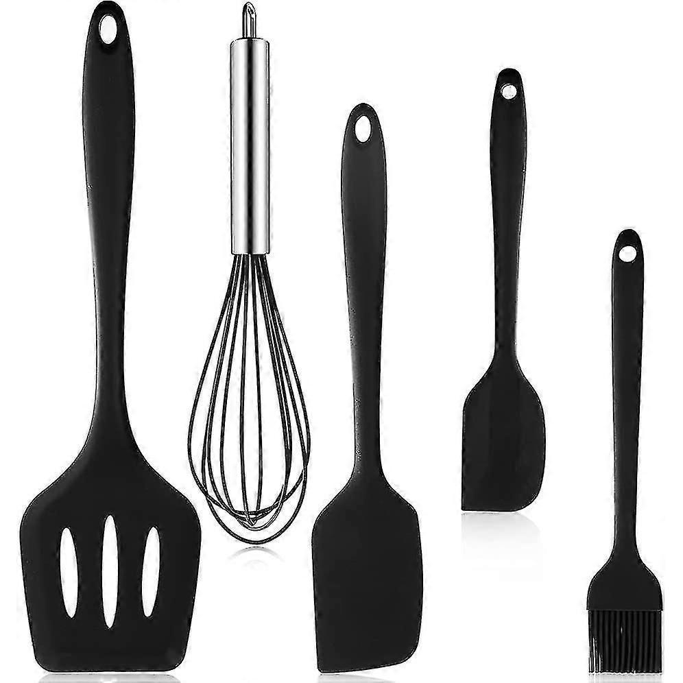 5 Piece Black Kitchen Utensils Set, Cooking Utensils Set Spatula, Whisk, Silicone Dough Scraper, Oil Brush, Non-stick And Heat Resistant Cooking Utens