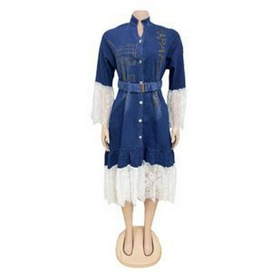 

Платье из денима с кружевной вставкой в африканском стиле, с принтом и поясом Extra Large синий