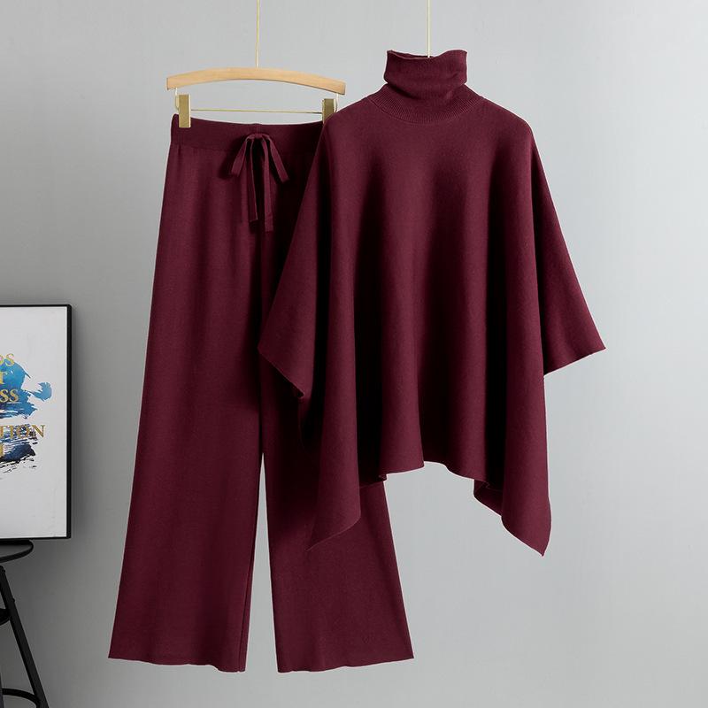 Women's Autumn Winter High Neck Cloak Sweater & Wide Leg Pants Set