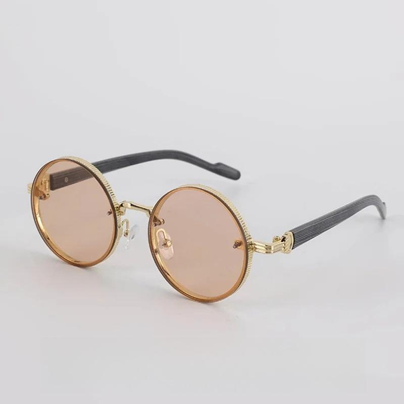 Fashion Design Metal Round Frame SunglassesTrendy Punk Wood Grain Legs Eyeglasses Men UV400 Fishing Cycling Driving Sun Glasses