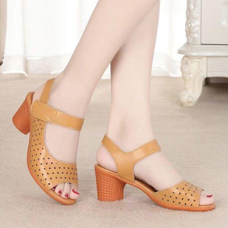 Popular thick high-heeled sandals women's outer wear 2025 new summer Velcro fish mouth sandals casual hollow mother shoes