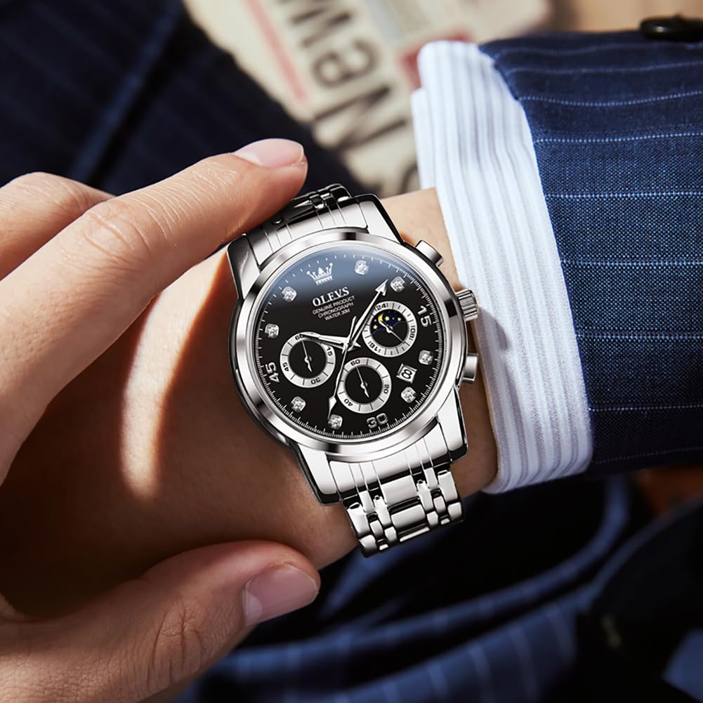 OLEVS Stylish Popular Analog Quartz Waterproof Business Silver with Stainless Steel Black Date Large Stylish Nam Men's Watch, Movement, Watch, Band,