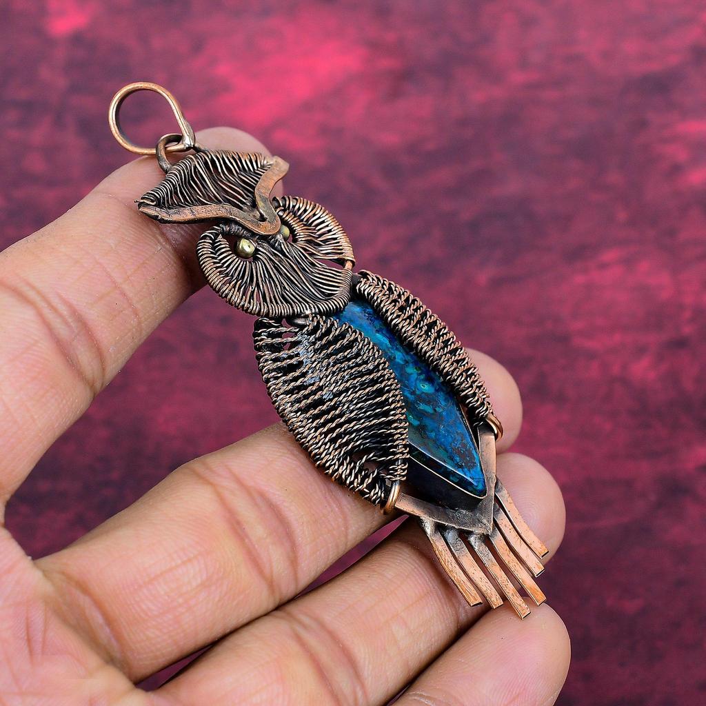 Azurite Malachite Pendant Copper Wire Wrap Antique Jewelry Gemstone Owl Pendant