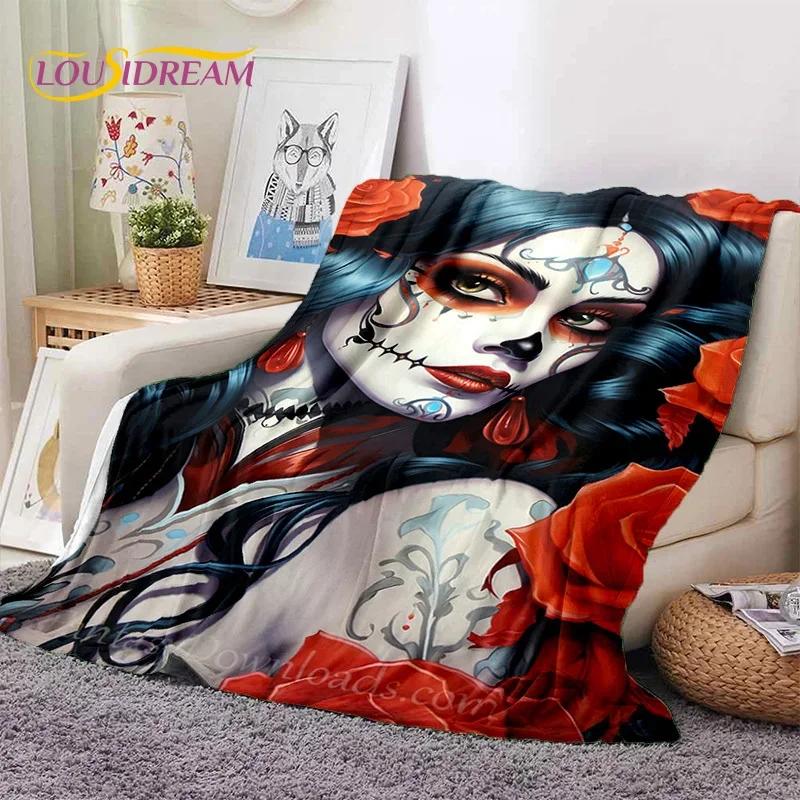 Skull Dead Girl 3D Gothic Horror Female Rose Soft Flannel Blanket,Throw Blanket Comfortable Blanket for Picnic Beds Home Bedroom