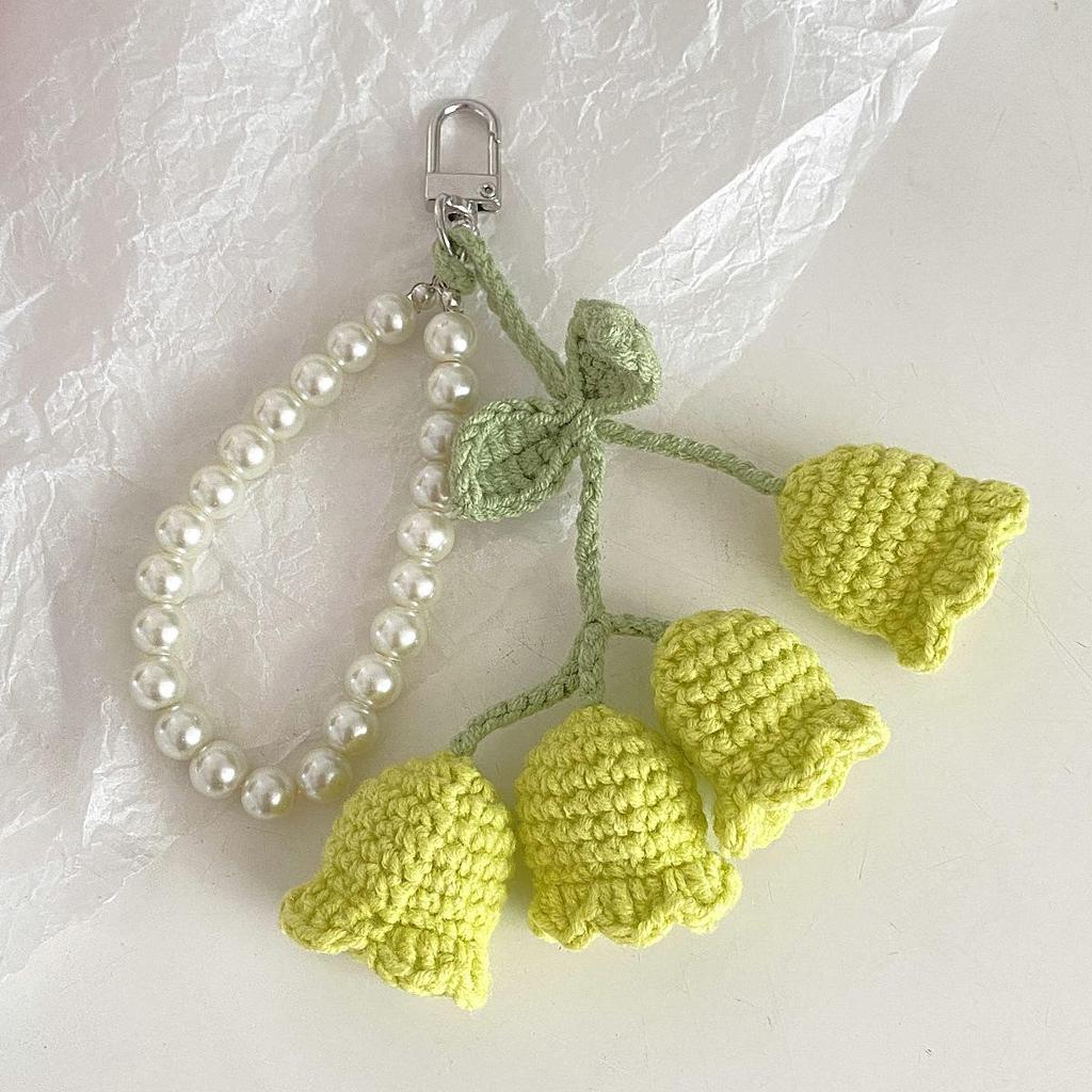 Korean Style Cute Girl Pearl Chain Lily of the Valley Crochet Knit Keychain with Decorative Buckle