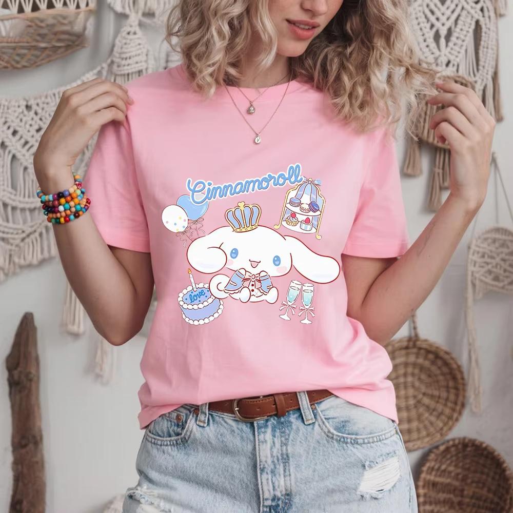 2026 Summer Womens Cinnamoroll Crown Celebration Print Cotton T Shirt Casual Fit Soft Breathable Summer Comfortable Daily Wear