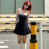Rochie Mini de Vară pentru Femei, Bleumarin cu Dungă Fină, Fără Bretele, Plisată, Bodycon