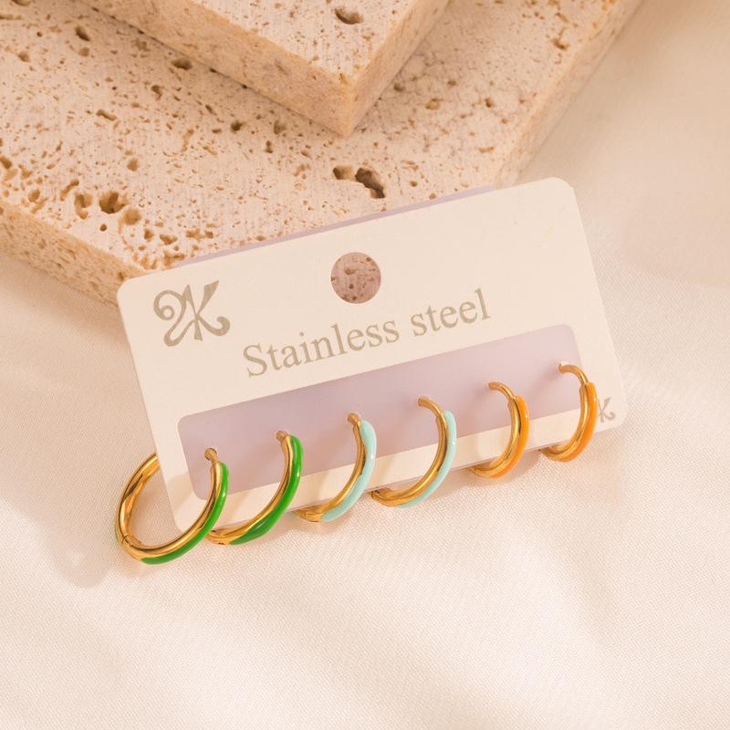Women Simple Hoop Earrings Six-piece Set Stainless Titanium Steel Drip Oil Circle Gold Color Geometric Ear Ornaments