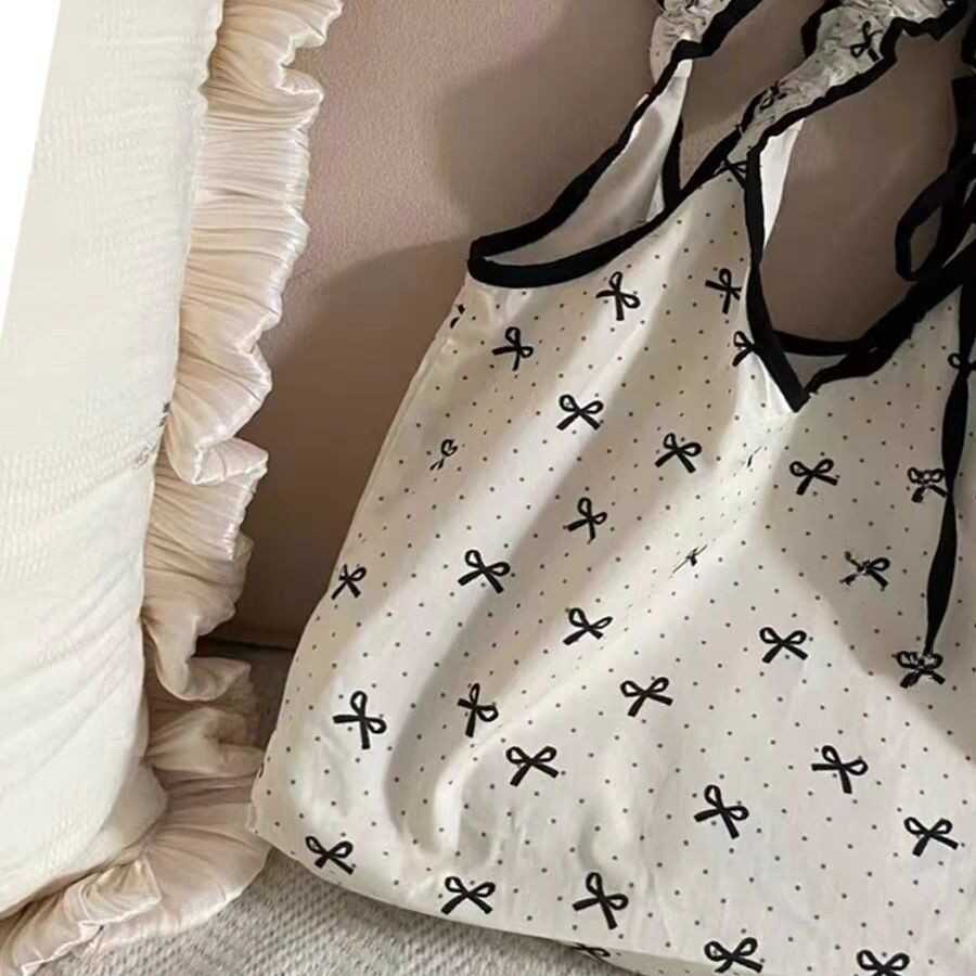 Niche Bow Polka Dot Canvas Bag Sweet Maiden Drawstring Pleated Tote Student Commuter Shoulder Bag