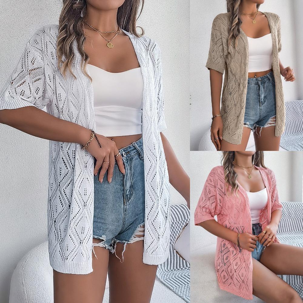 Summer Hollow Plaid Short-sleeved Knitted Cardigan Beach Sun Protection Shirt