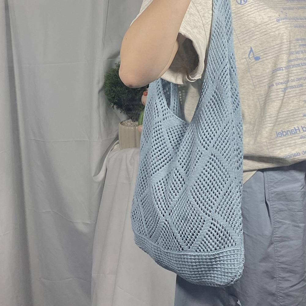 Washable Woven Shopping Bag Large Capacity Shoulder Bag Fashion Hollow Knit Tote Bag  Summer