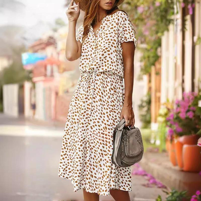 Summer polka dot printed short-sleeved mid-length dress women's fashion all-match elegant temperament