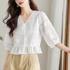 [SYitong] Lace Top, Short Sleeve, Floral Blouse, White, V-Neck, Summer, Embroidery, Cute, Openwork, Fluffy, Figure-Flattering, Slimming, Simple, Styli