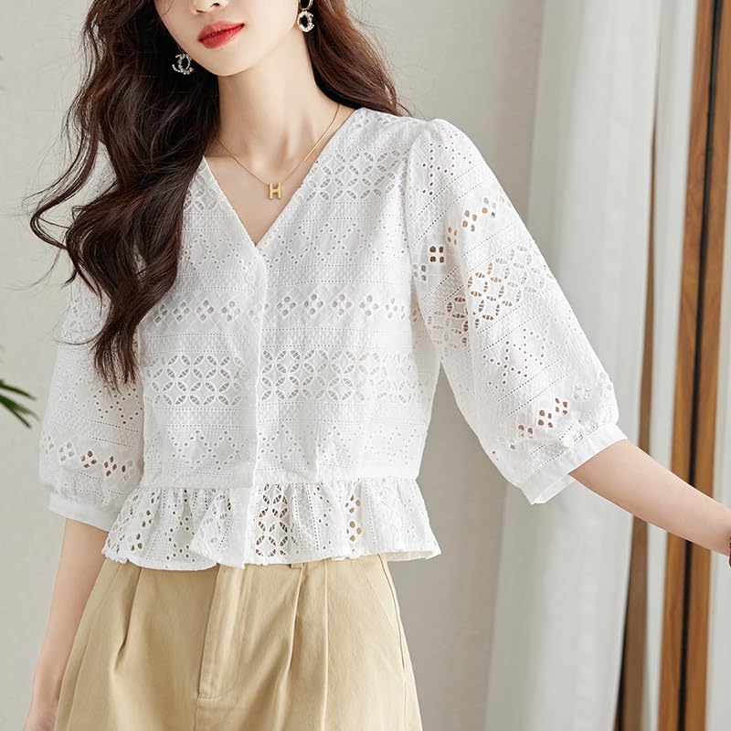 [SYitong] Lace Top, Short Sleeve, Floral Blouse, White, V-Neck, Summer, Embroidery, Cute, Openwork, Fluffy, Figure-Flattering, Slimming, Simple, Styli