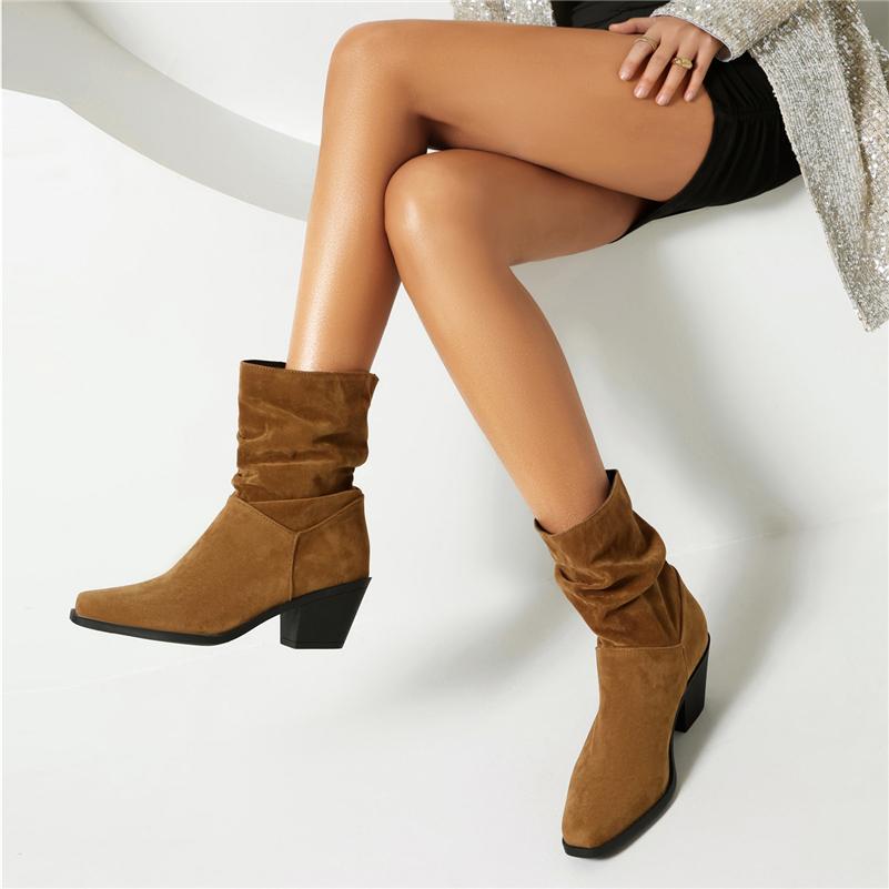 Dámské kotníkové boty hranatá špička silný vysoký podpatek plisované krátké boty stručné dámské módní boty zimní černé khaki hnědé 43