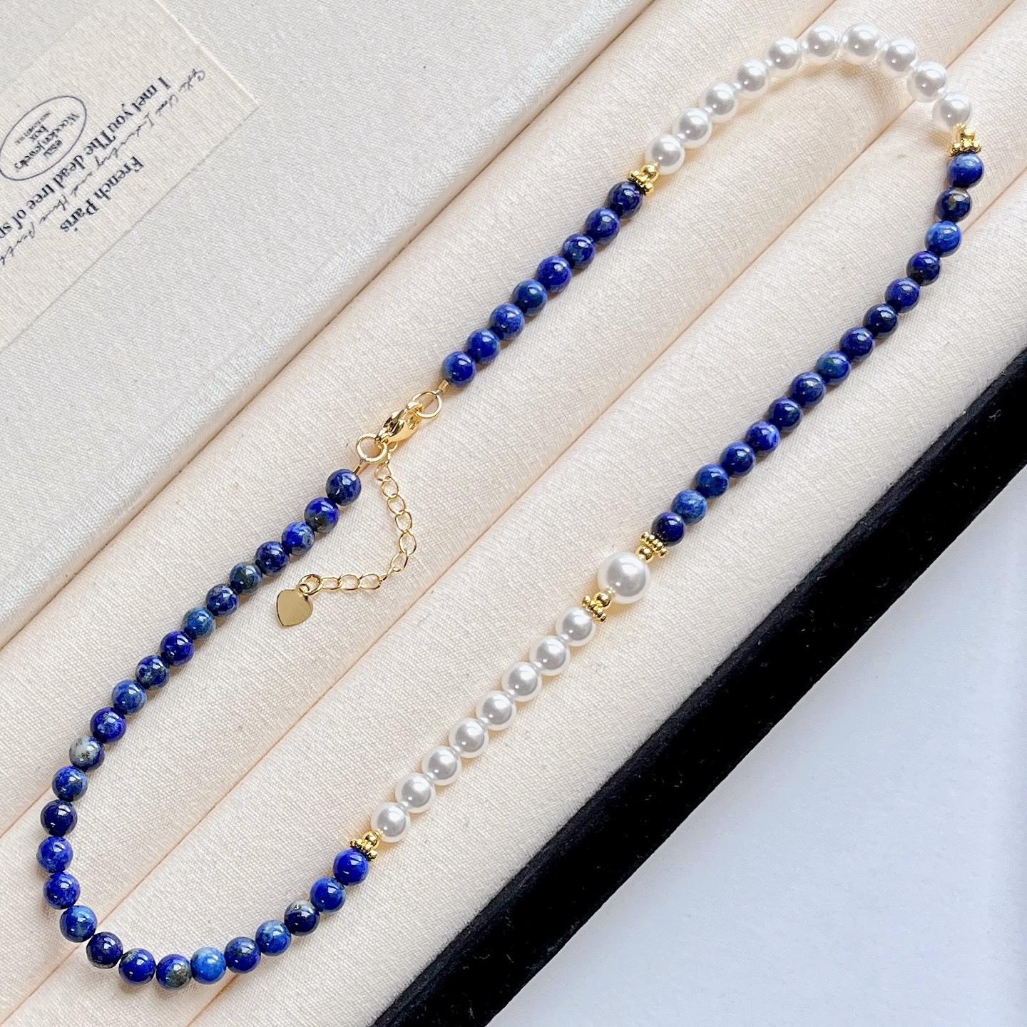 High Quality Natural Lapis Lazuli Artificial Crystal Pearl Design Sense Collarbone Chain Necklace