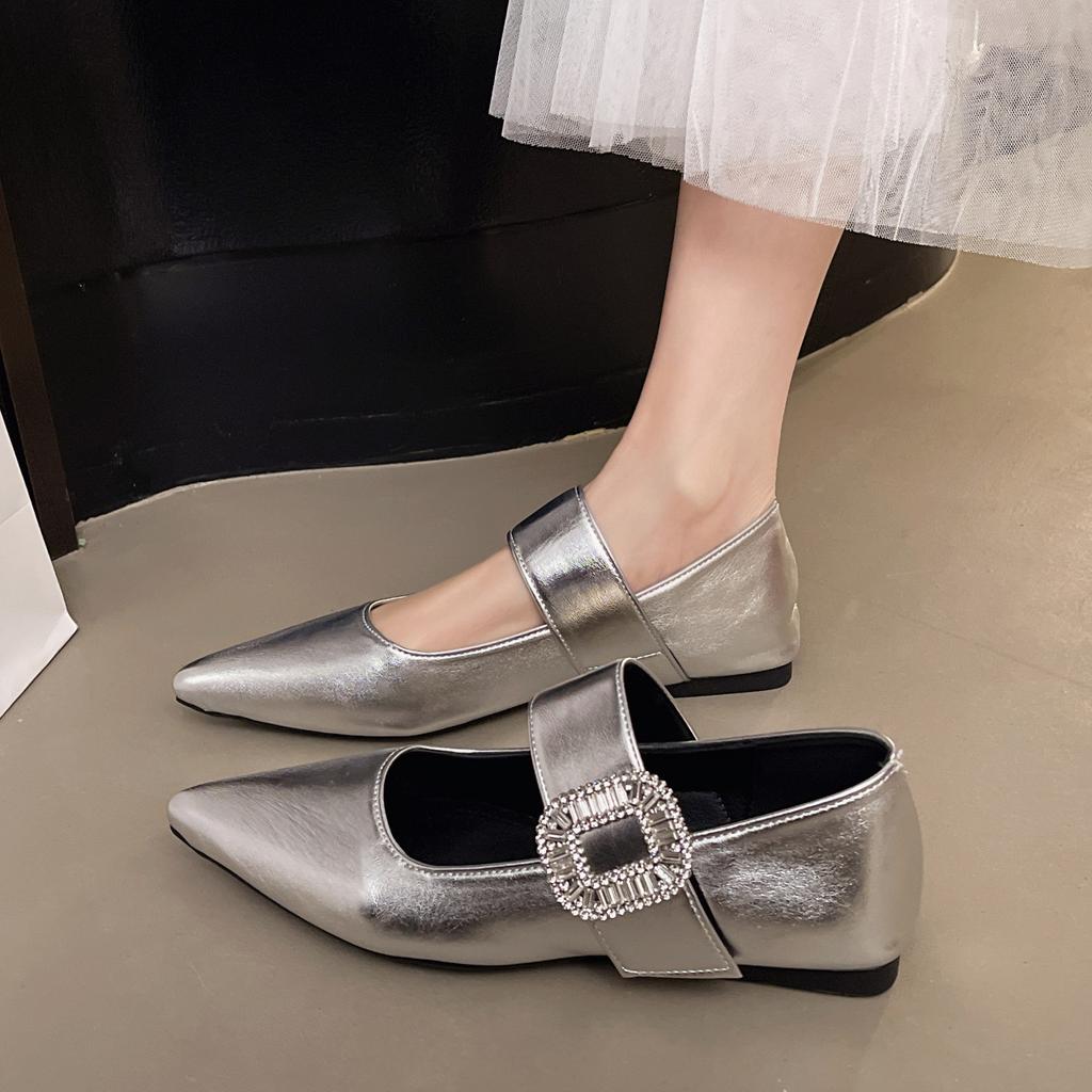 Flat Velcro Rhinestone Mary Jane Shoes Women's Summer New French Retro Fashion Temperament Light Mouth Single Shoes