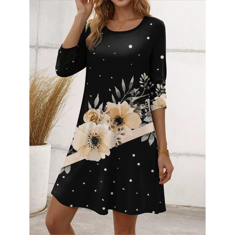 Street Long Sleeve Floral Pattern Women Mini Dresses All Season 3D Flower Printed Elegant Ladies Dress