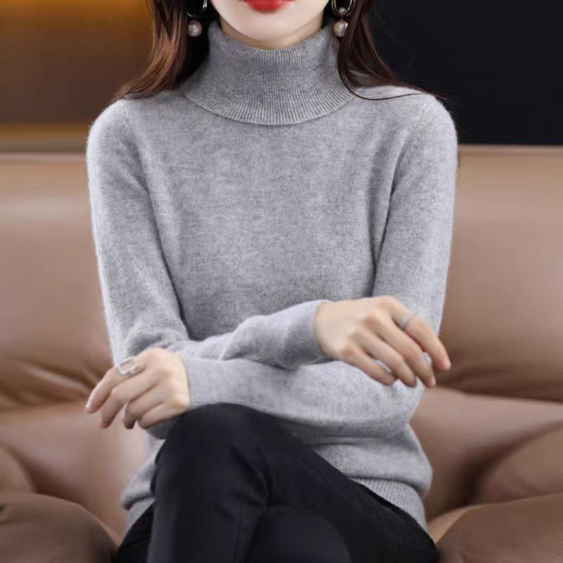 Turtleneck Cashmere Sweater for Women's Spring Autumn and Winter Casual Long-sleeved Pullover Solid-color Knitted Sweater and Slim Lapel Top
