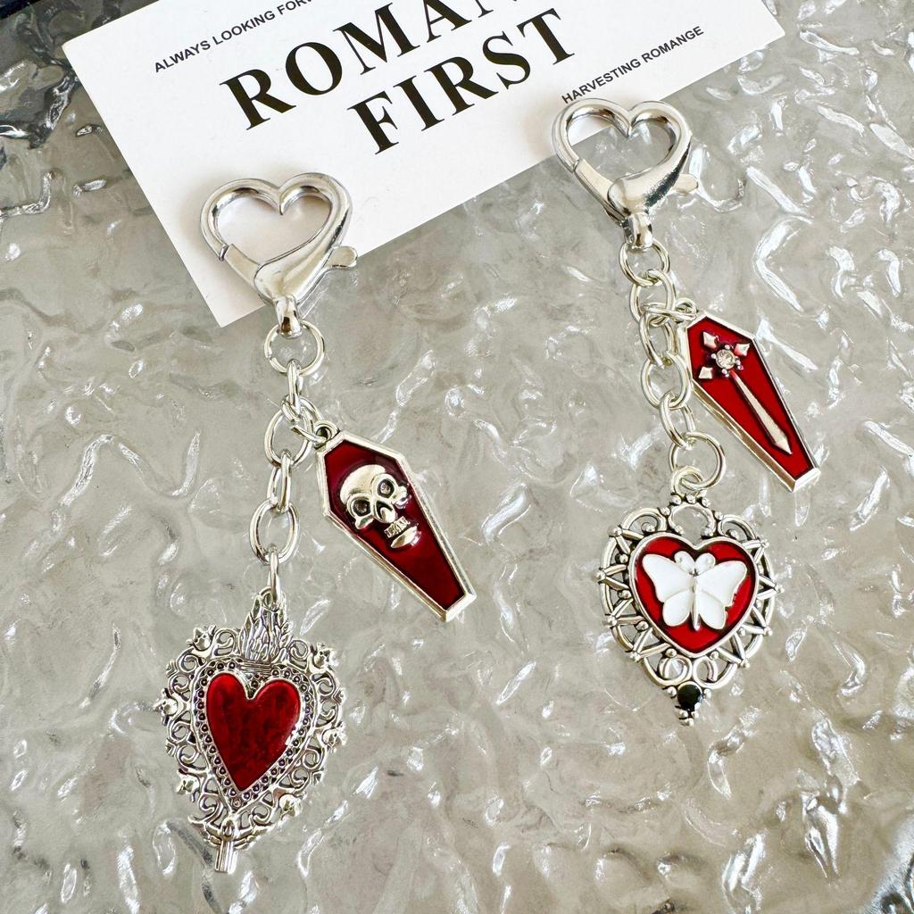 Gothic Coffin Skull & Butterfly Heart Keychain Accessory