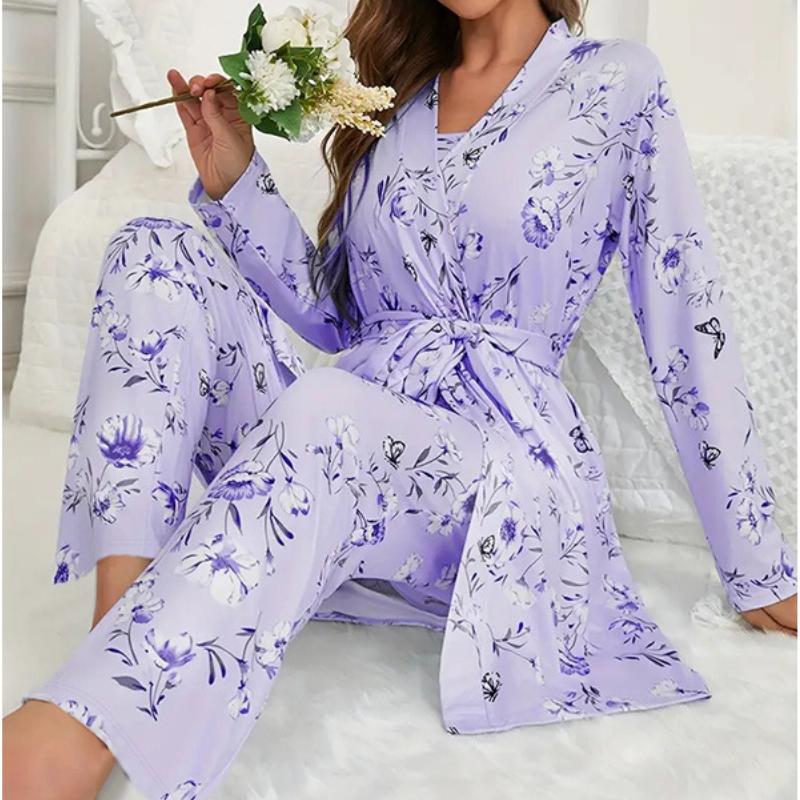 A Three-piece Set of Home Pajamas Bathrobes Long Pants Halter Tops and Nightgowns