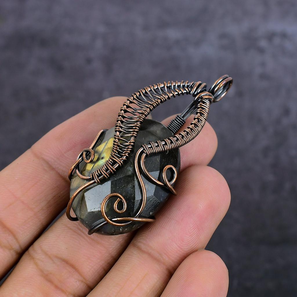 Labradorite Gemstone Handmade Copper Wire Wrap Jewelry Pendant 2.36" j3m07