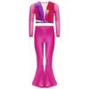 Girls Metallic Sequin Dance Set Long Sleeve Crop Top Paired with Sheer Mesh Bell Bottom Pants Performance Outfit