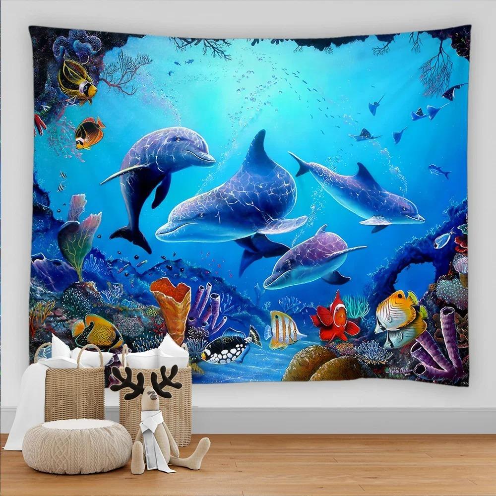Marine Animal Home Decorative Fabric 3D Digital Printing Tapestry Psychedelic Undersea World Sea Fish Dolphin