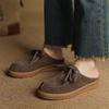 Fashion New Cow Suede Summer Slippers Cover Toe Slippers for Women Fashion Round Toe Lace Mules Shoes Ladies Shoes Flat Shoes Slippers