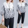 Plus Size Embroidered Cotton Linen Five-Sleeve Crochet Top - Autumn 2021