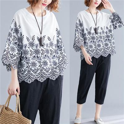 Top de Crochet de Algodón Lino Bordado de Talla Grande con Manga Cinco Octavos - Otoño 2021