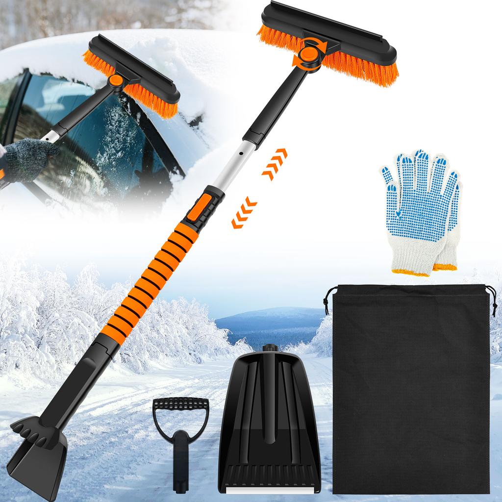 5 In 1 Retractable Snow Brush and Ice Scraper for Car Windshield Snow Shovel with 180° Pivoting Brush Head Car Snow Cleaning