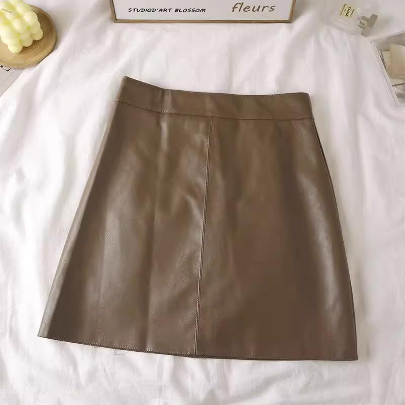 Autumn/Winter 2023 Women's PU Leather A-Line Skirt - High Waist, Slim Fit, Knee-Length, Casual Korean Style