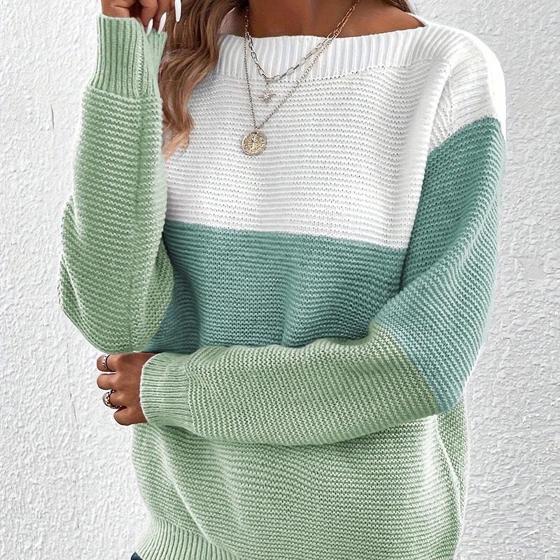 

2026 Women s Color Block Patchwork Knit Sweater - Autumn/Winter Round Neck Long Sleeve Pullover Top Double Extra Large