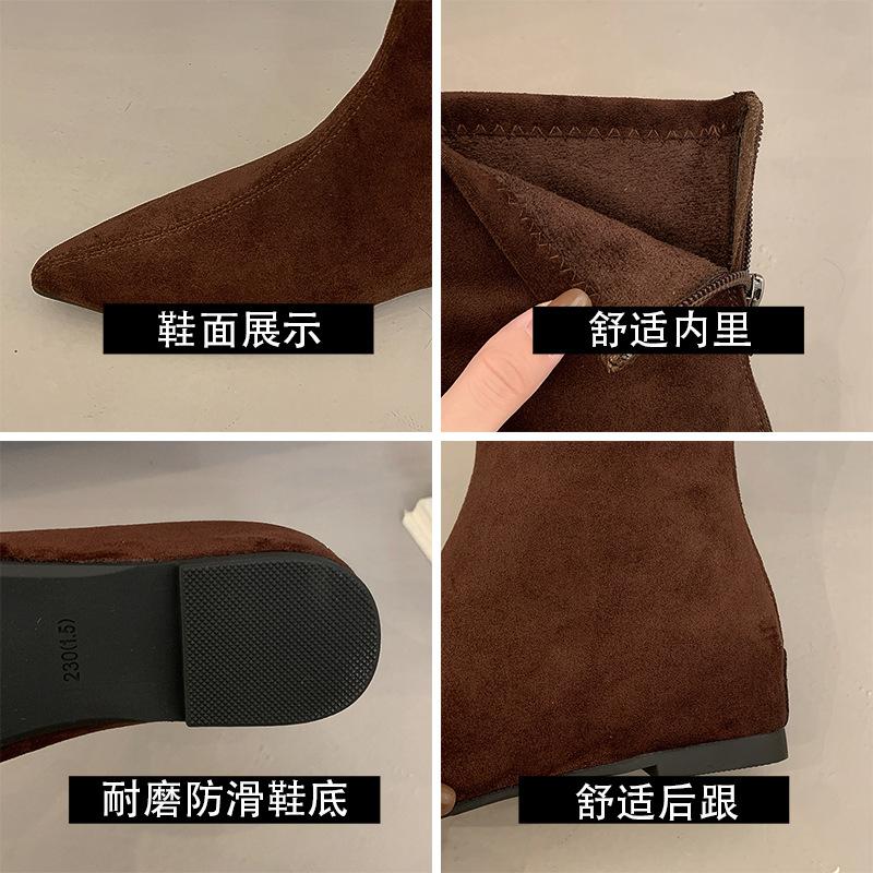Korean version of retro niche pointed head low heel short boots women's autumn and winter new suede fashion versatile and thin fashion boots