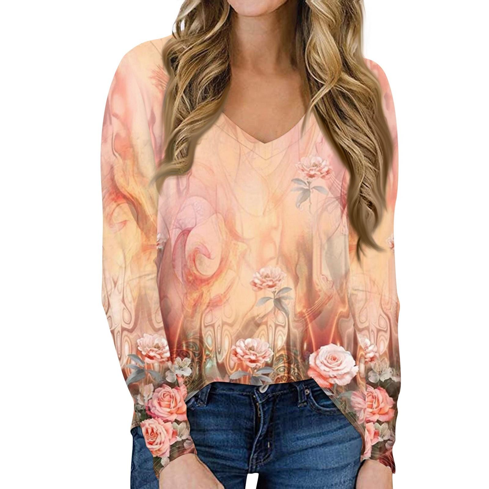 

Женская повседневная футболка с длинными рукавами и V-образным вырезом, топ, пуловер XXL