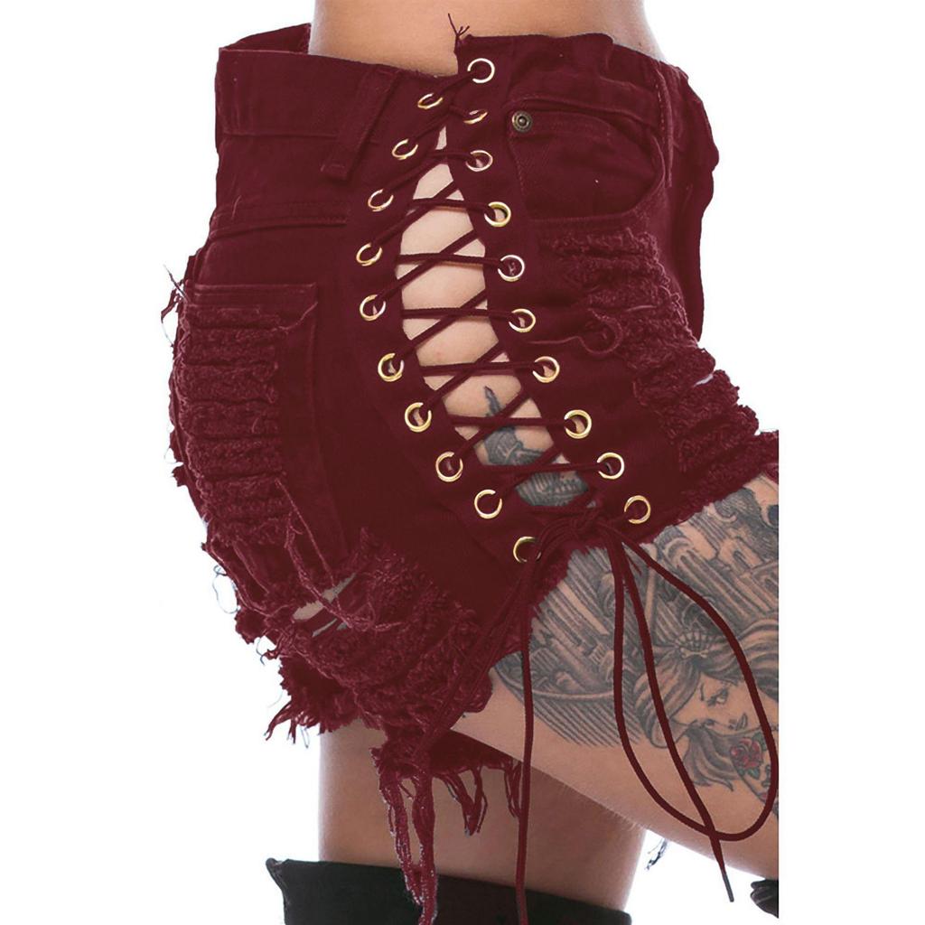 Beggar Ripped Women's Jeans with Eyelet Bandage - European and American Sexy Nightclub Hot Pants