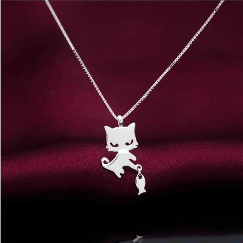 Simple Creative Cute Kitten And Fish 925 Sterling Silver Jewelry Fashion Animal Popular Cat Clavicle Chain Necklaces XL069