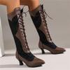 Fashion Women Victorian Pointed Toe Mid-Calf Boots Leather Lace Hollow Out Punk Lace Up Strange Steampunk High Heel Shoes Plus Size32-43