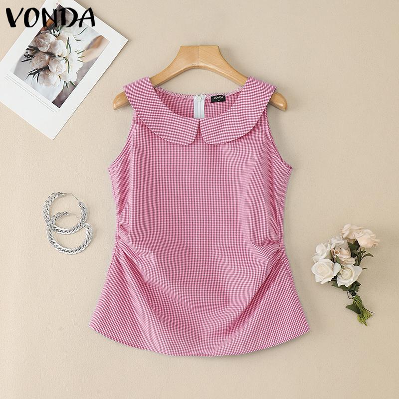 

VONDA Women Casual Lapel Neck Sleeveless Plaid Check Print Tank Tops 5XL темно-розовый