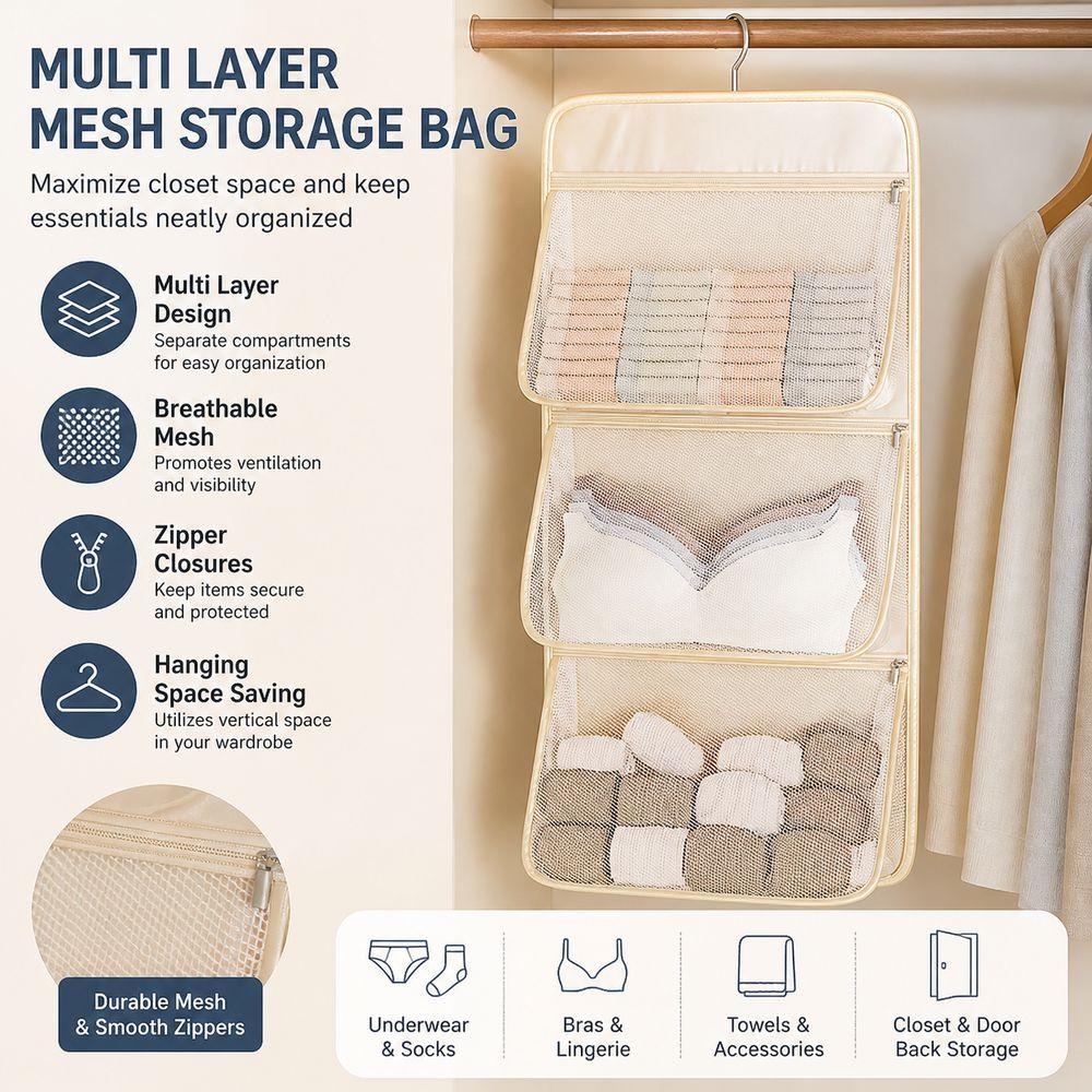Multi Layer Underwear Hanging Bag Zipper Closure Closet Storage Bag Wardrobe Organization