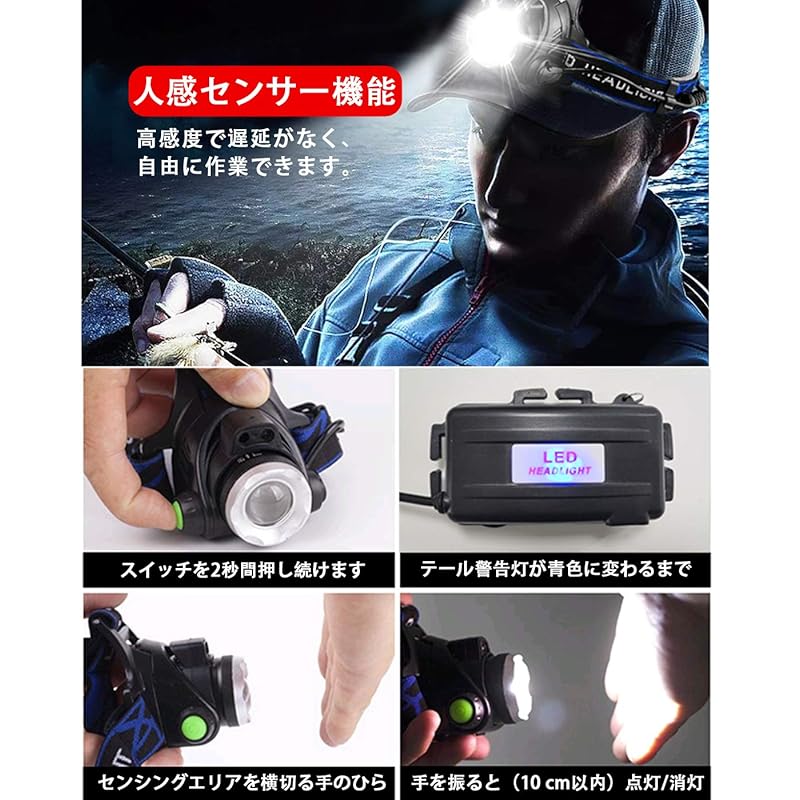 USB Rechargeable LED Headlamp, High-Brightness CREE L2 Headlamp, 1800 Lumens, Motion Sensor, IPX6 Waterproof, Zoom Function, 120° Adjustable Angle,