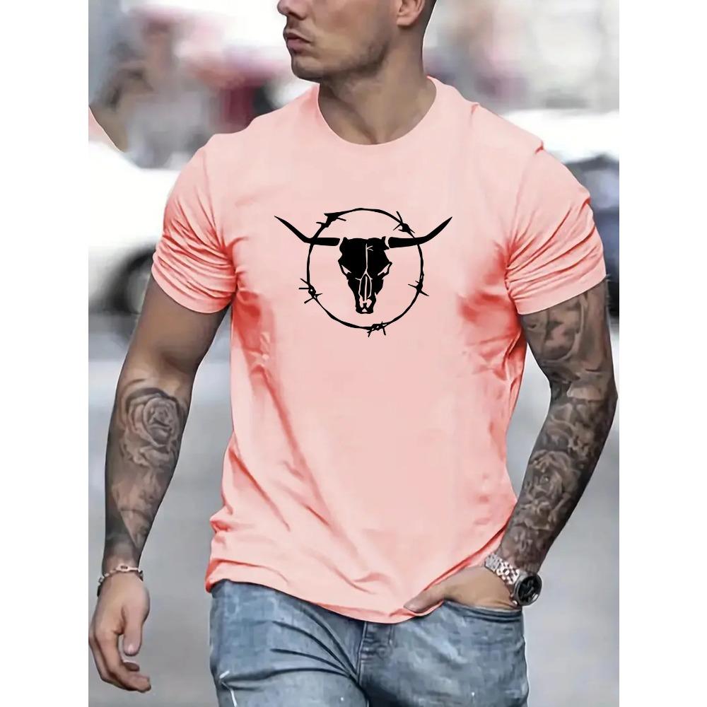 Men's Summer 100 Cotton Fashionable Casual Loose Plus Size Bull Skull Print Sports Round Neck Short Sleeved T-shirt Top
