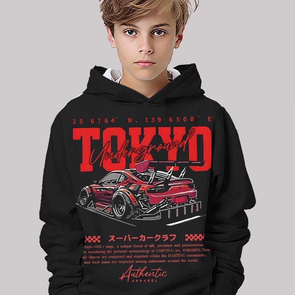 

3D digital printed street racing, underground racing hooded sweatshirt, fashionable and trendy casual children s clothing 13-14Y