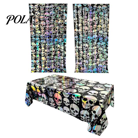 Decorative Festive Curtain Halloween Skull Foil Fringe Curtain, Iridescent Disposable Tablecloth, Pattern Party Decor Table Cover Tinsel Backdrop for