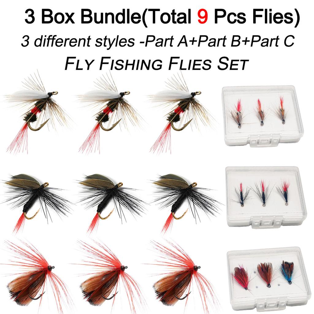 9Pcs-3 Boxs Bundle Fly Fishing Flies 3 different styles Wet Flies Bait for Flishing Trout/carp Artificial Lure Accessories (with Flies Box)