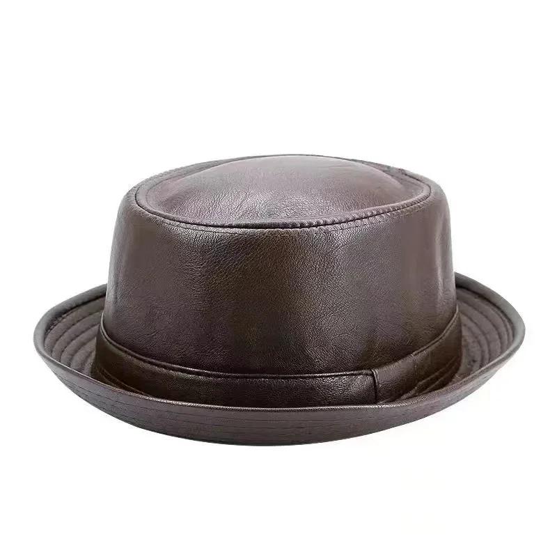 New Fashion Black PU Leather Trilby Hat – Unisex Fedora, Retro Porkpie Cap, Autumn/Winter Vintage Jazz Style, Factory Wholesale