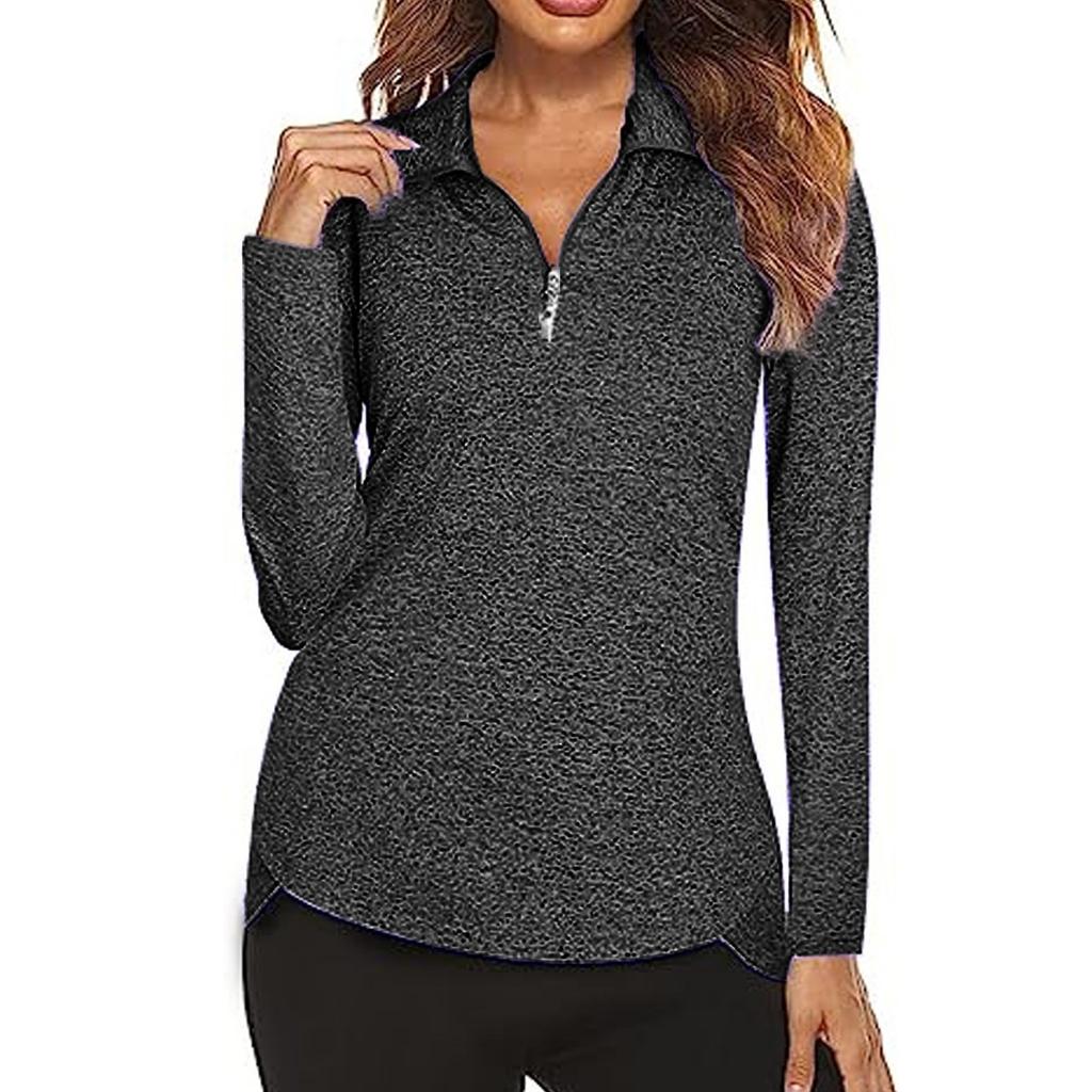 Women's Casual Solid Color Long Sleeve Breathable V-Neck Golf Tennis Running Sweatshirt Zipper Top